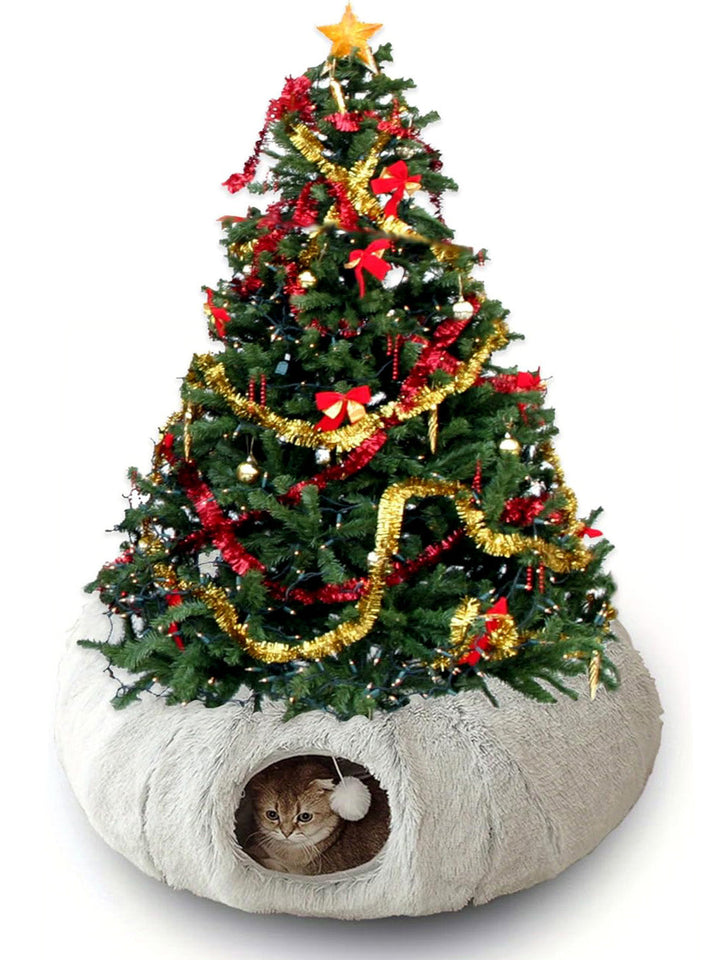 Holiday pet gifts: Christmas Tree Cat Tunnel & Skirt, designed to blend with existing Christmas decorations