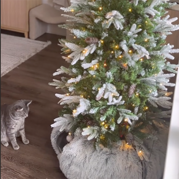 Christmas Tree Cat Tunnel opened up, showing breathable mesh windows and secure construction for pet safety