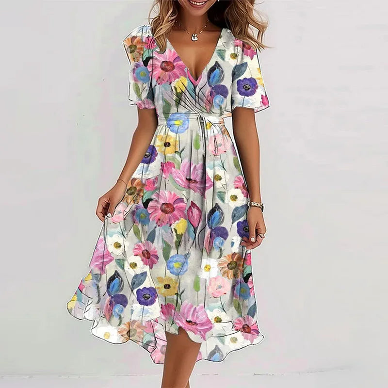 Elegant women's A-line midi dress with a V-neck, designed for a flattering fit. A versatile red party or day dress fashion.