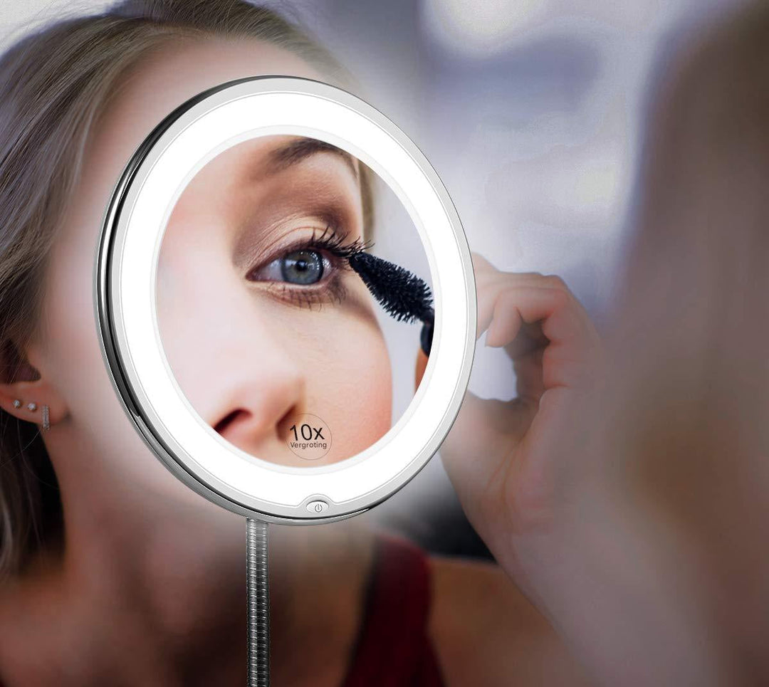 "Flexibler Schwanenhals LED Vergrößerungsspiegel 10x, stilvolles Design, ideal für präzises Make-up und Pflege."