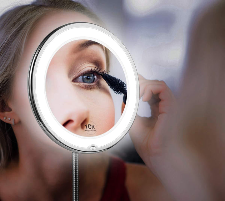 "Flexibler Schwanenhals LED Vergrößerungsspiegel 10x, stilvolles Design, ideal für präzises Make-up und Pflege."