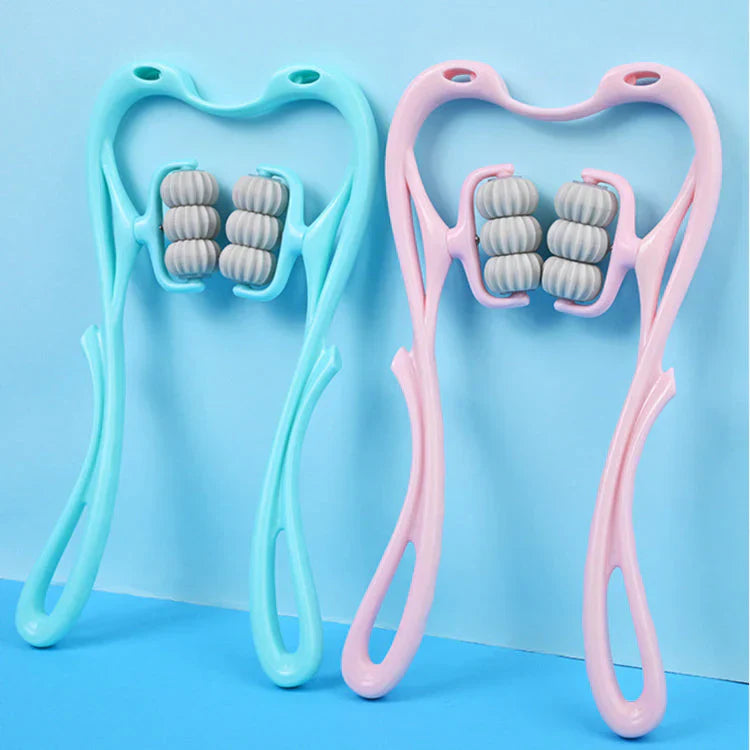 "FlexiRoll Nacken- und Schultermassager mit 6 Silikonrollen, ergonomische Griffe, Entspannung mobil für zuhause oder Büro"