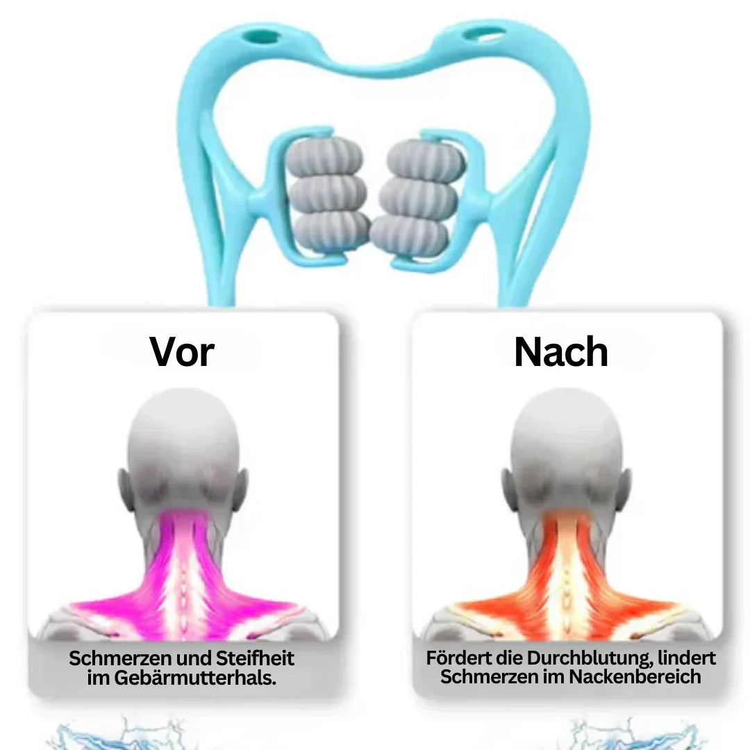 "FlexiRoll Nacken- und Schultermassager mit 6 Silikonrollen, ergonomische Griffe, Entspannung mobil für zuhause oder Büro"