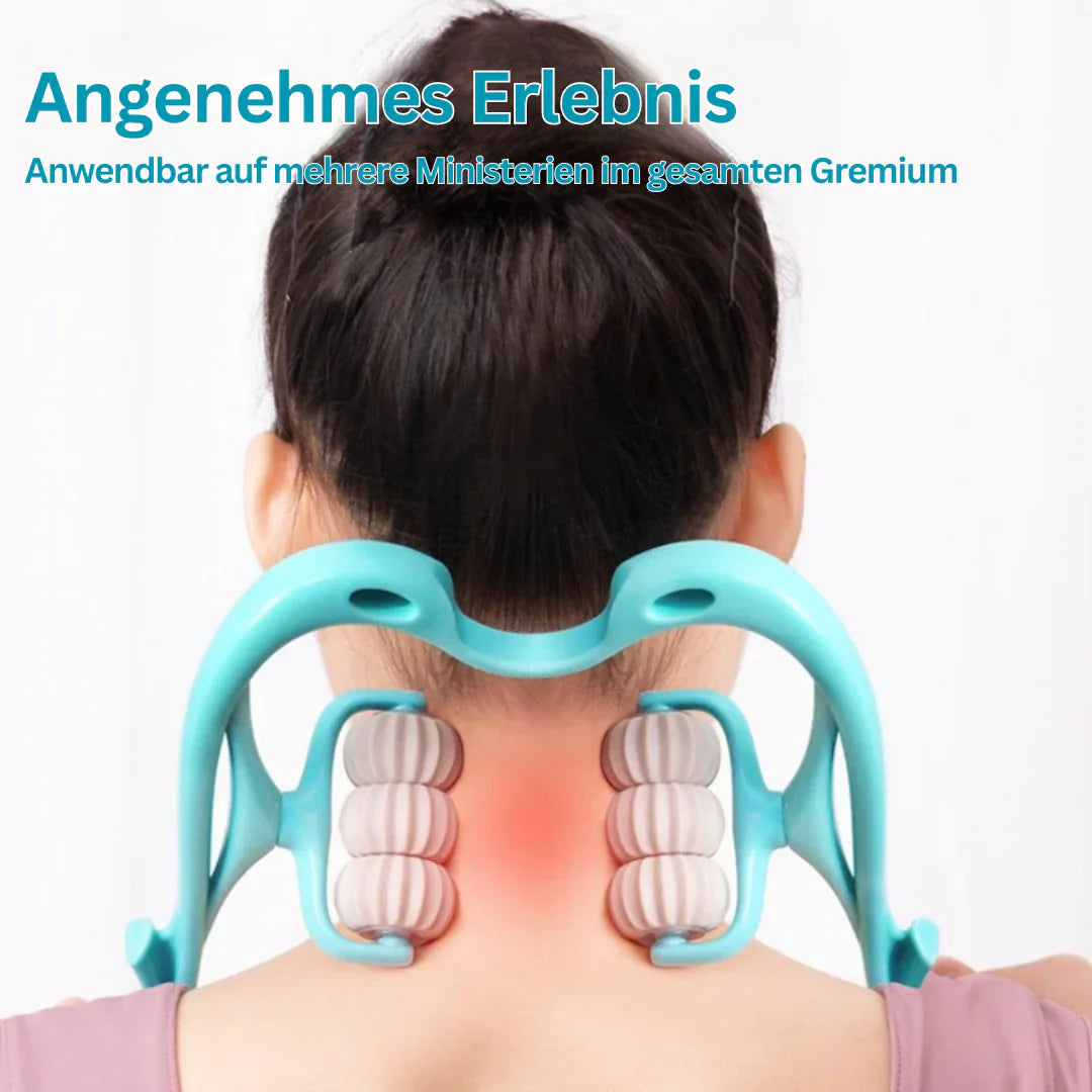 "FlexiRoll Nacken- und Schultermassager mit 6 Silikonrollen, ergonomische Griffe, Entspannung mobil für zuhause oder Büro"