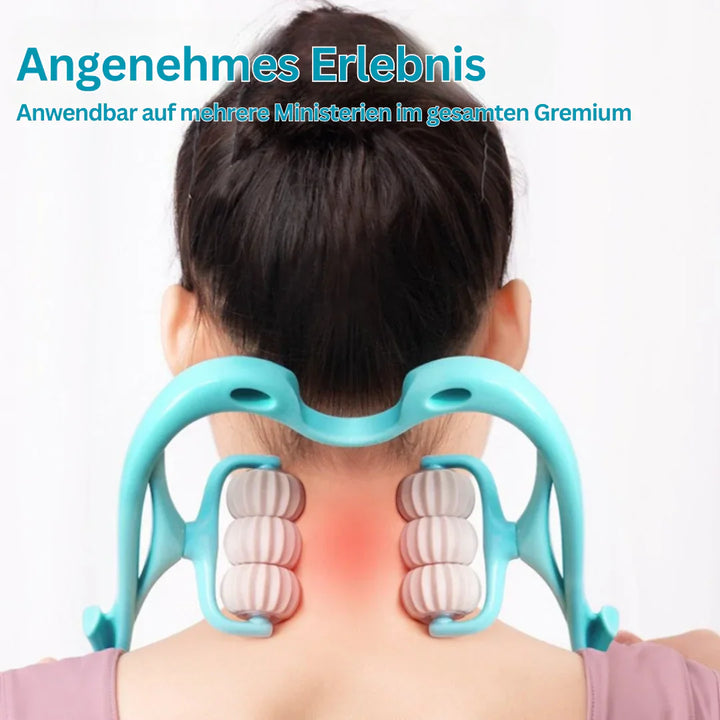 "FlexiRoll Nacken- und Schultermassager mit 6 Silikonrollen, ergonomische Griffe, Entspannung mobil für zuhause oder Büro"