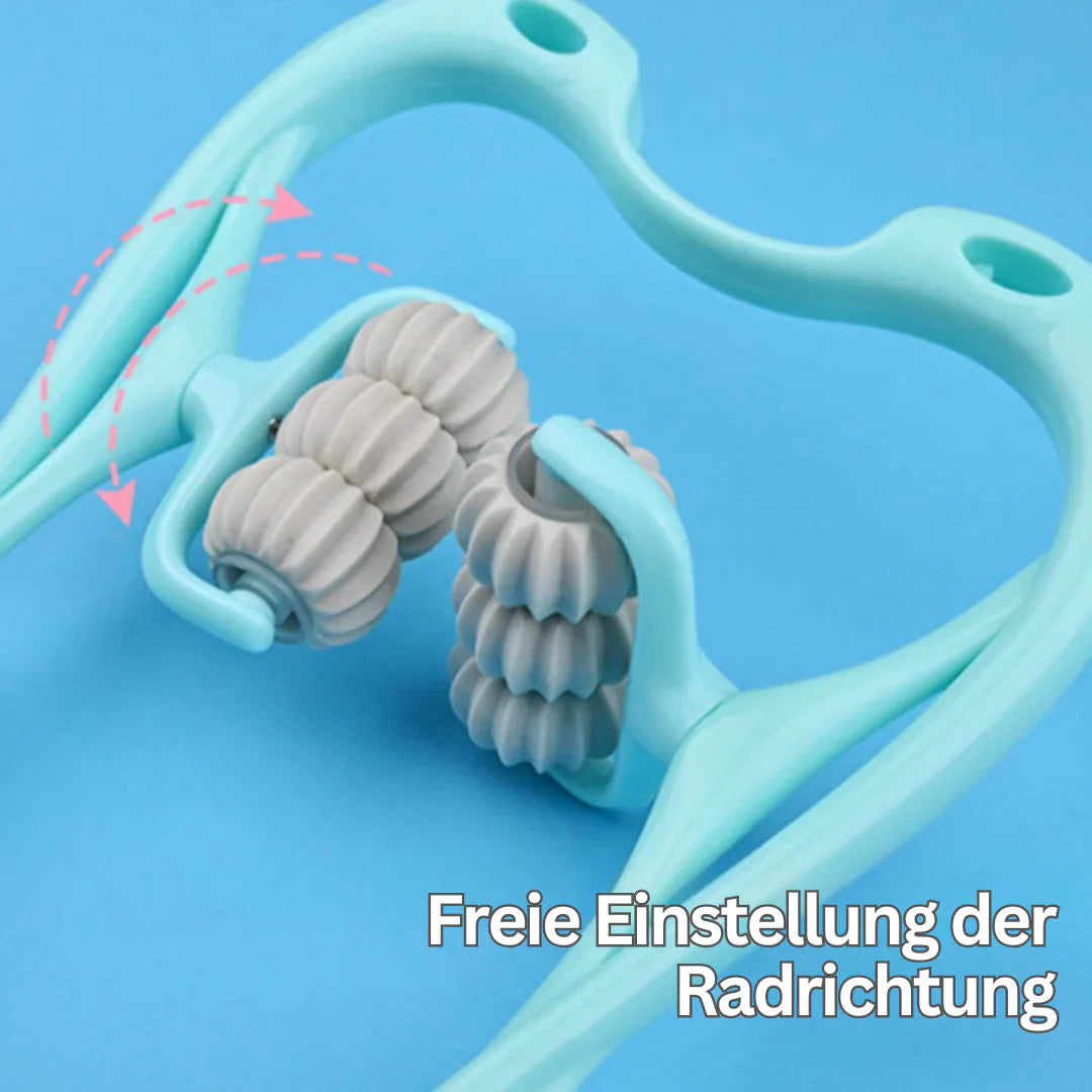 "FlexiRoll Nacken- und Schultermassager mit 6 Silikonrollen, ergonomische Griffe, Entspannung mobil für zuhause oder Büro"