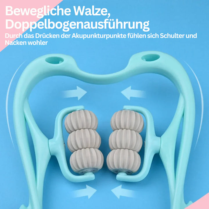 "FlexiRoll Nacken- und Schultermassager mit 6 Silikonrollen, ergonomische Griffe, Entspannung mobil für zuhause oder Büro"