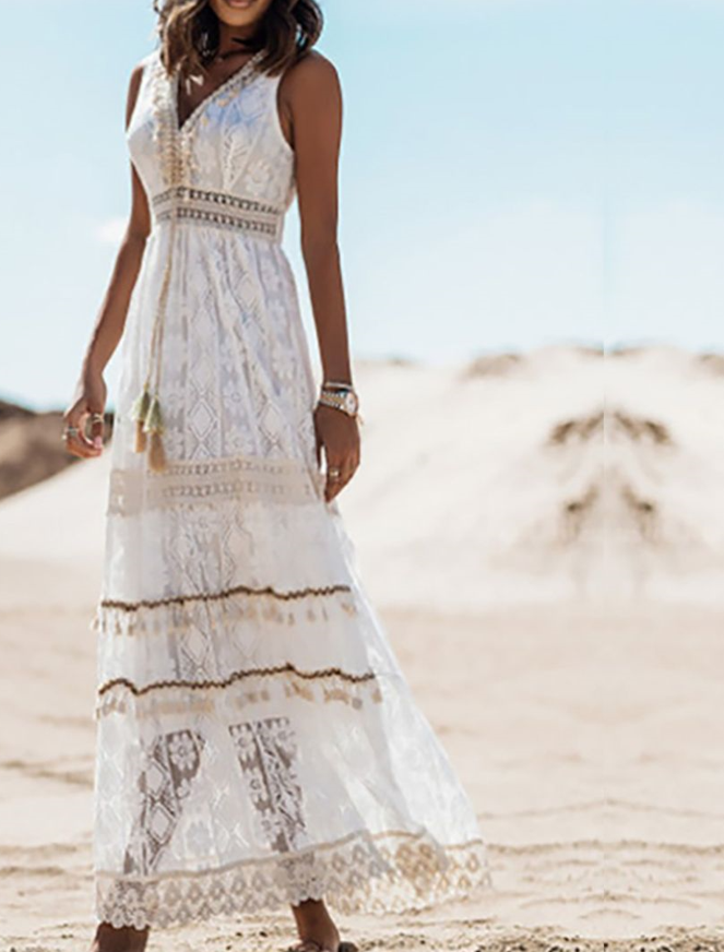 "Fließendes, elegantes Boho Maxikleid für Sommer und Strand, ideal für Frauen, die Stil und Komfort suchen."
