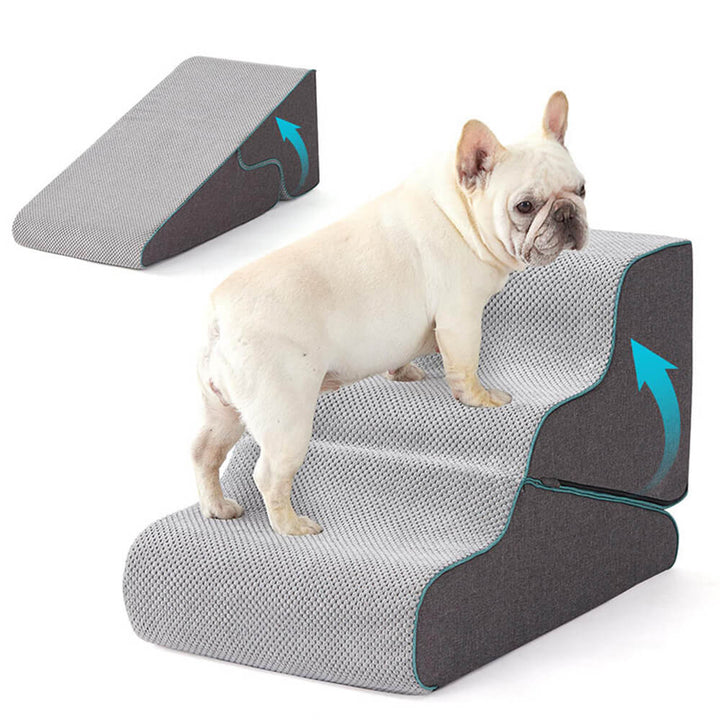 Puppy happily walking up foldable pet stairs and ramp, showcasing easy access and orthopedic support.