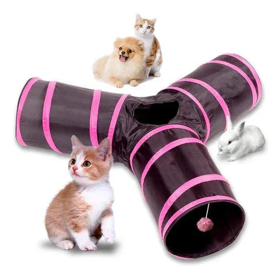 Foldable 3-way pet tunnel for cats, kittens, and small animals; interactive play toy