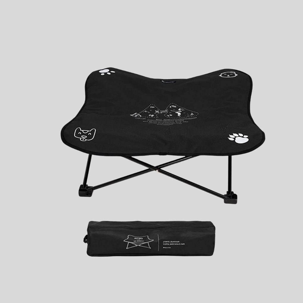 Foldable elevated pet bed, brown, with black frame, for indoor and outdoor use, featuring breathable mesh.