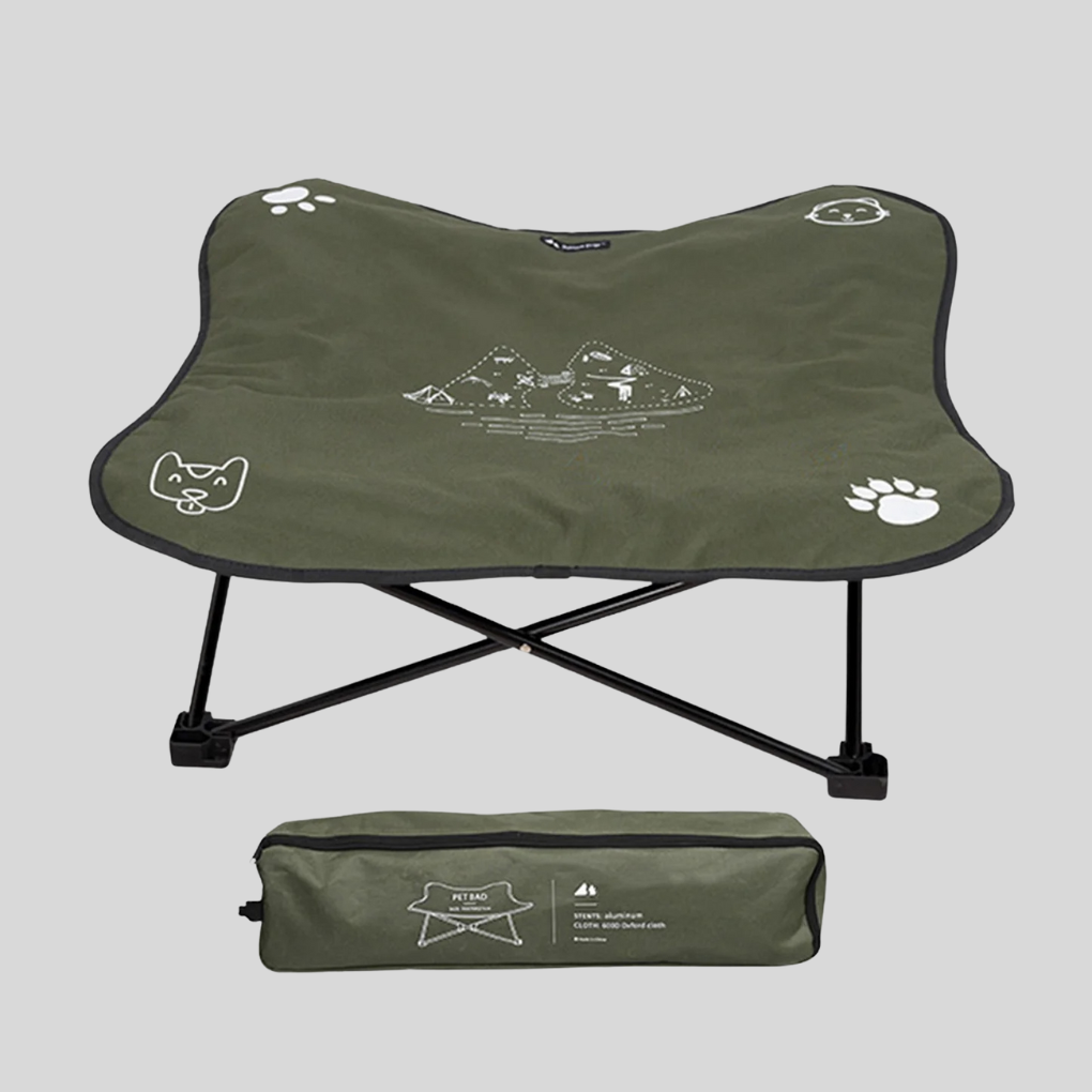 Portable elevated dog bed, easy-to-clean mesh surface, shown folded, perfect for travel or outdoor pets.