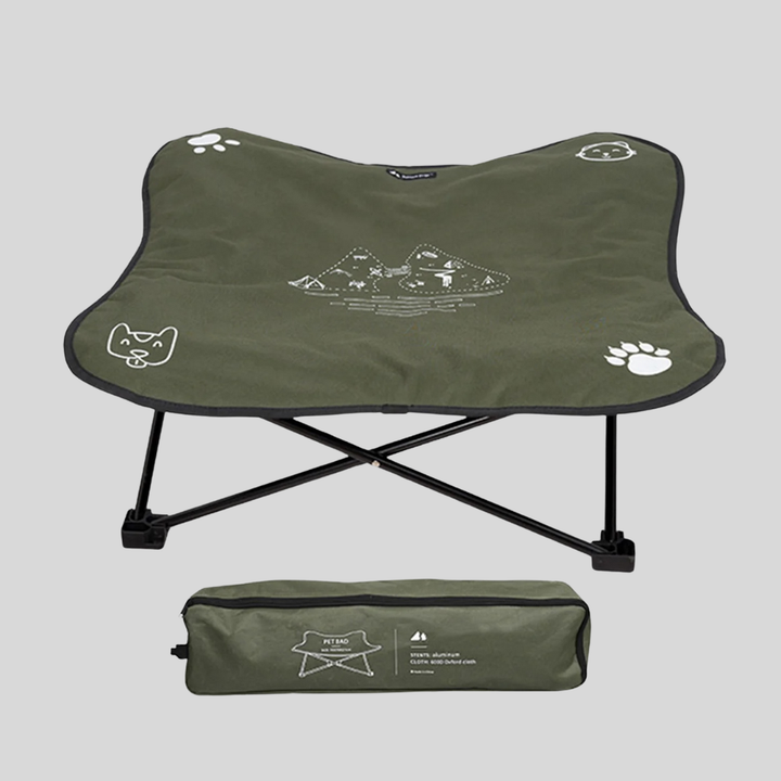 Portable elevated dog bed, easy-to-clean mesh surface, shown folded, perfect for travel or outdoor pets.