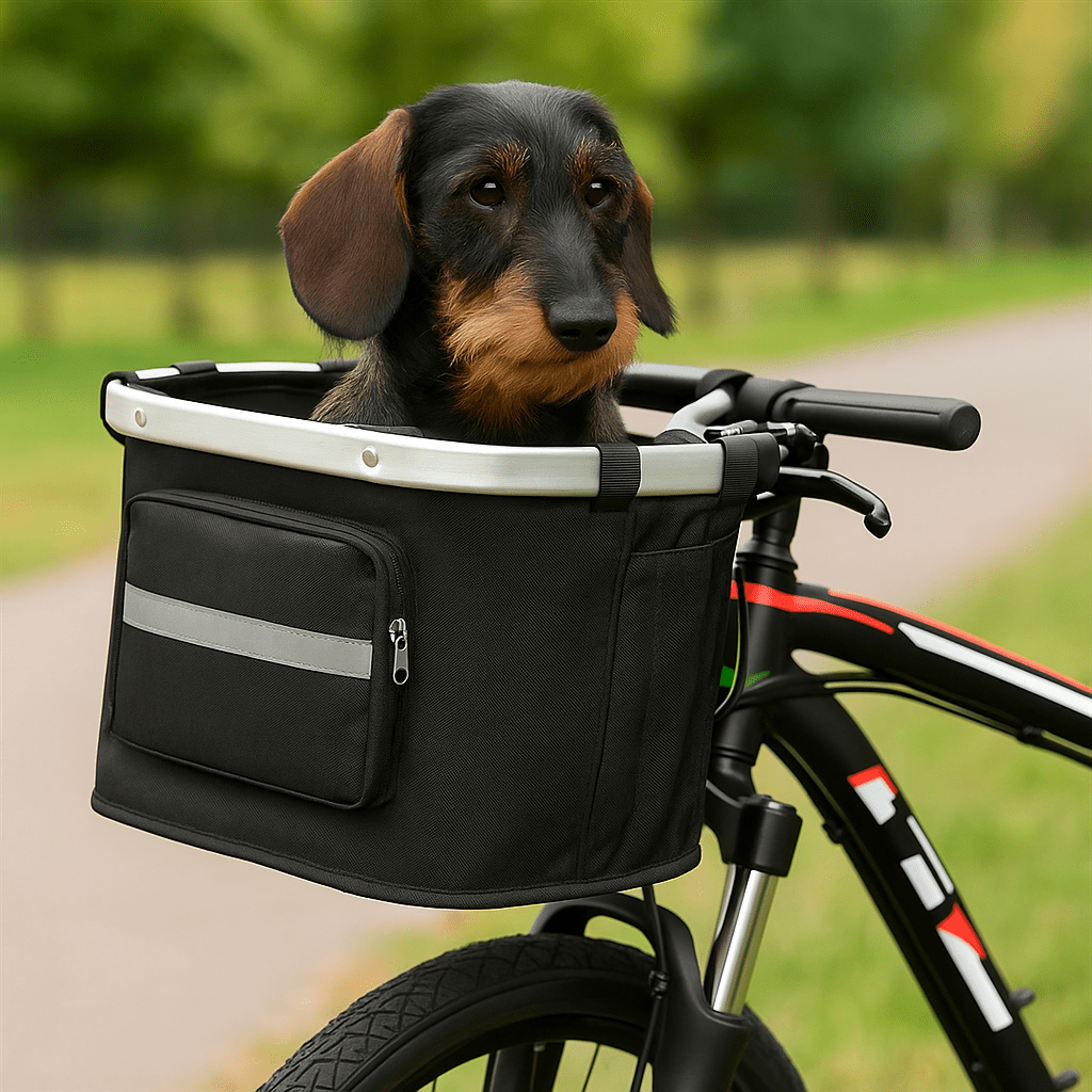 Soft-sided dog carrier bike basket, foldable for small pets, excellent for bicycle travel.