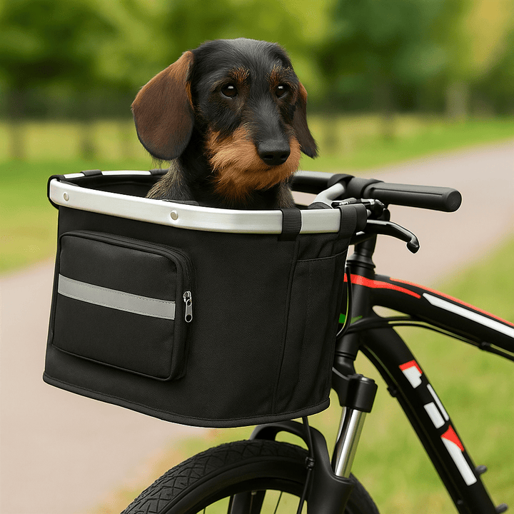 Small dog carrier bike basket, collapsible design, perfect for outdoor pet adventures