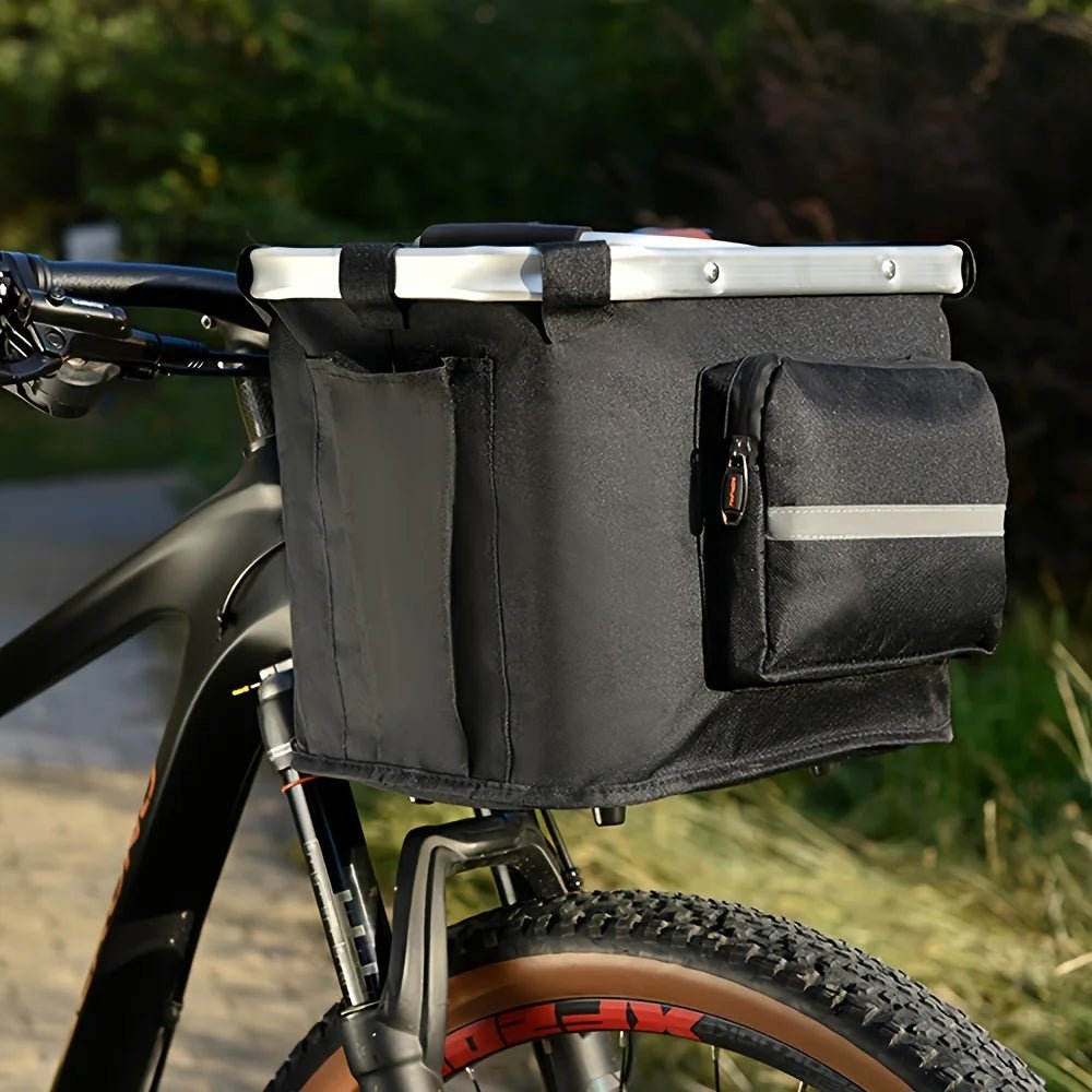 Outdoor pet carrier & bike basket, black fabric, safely transports small dogs & cats on bicycle