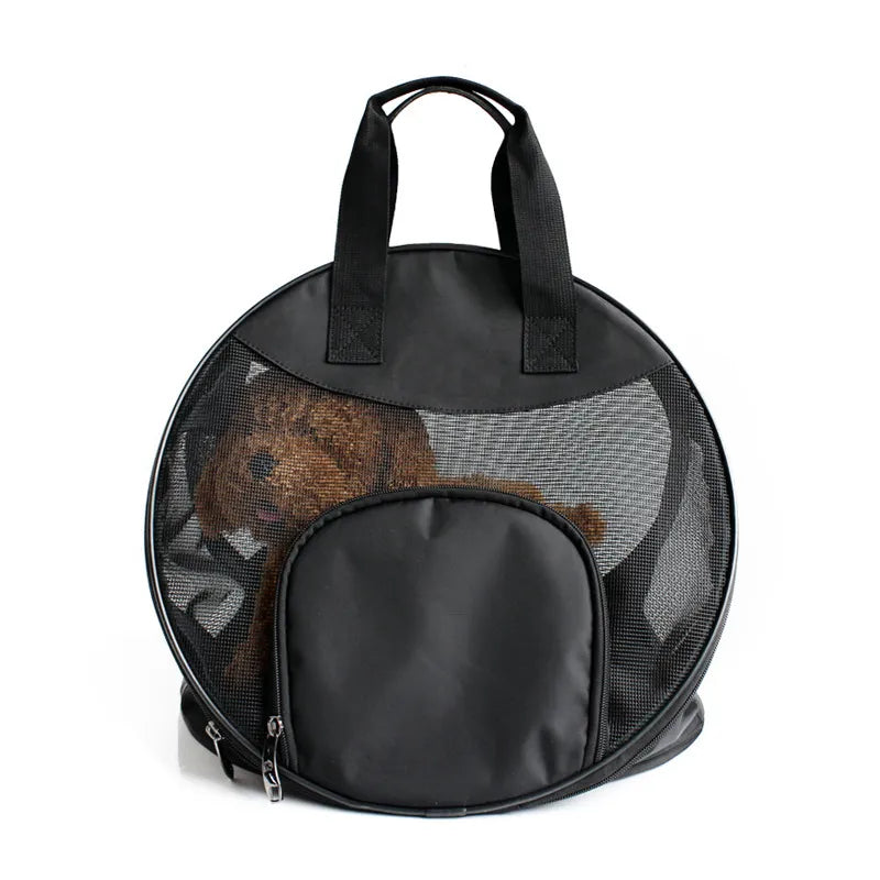 Portable dog carrier, quick setup for car seats, black & durable fabric.