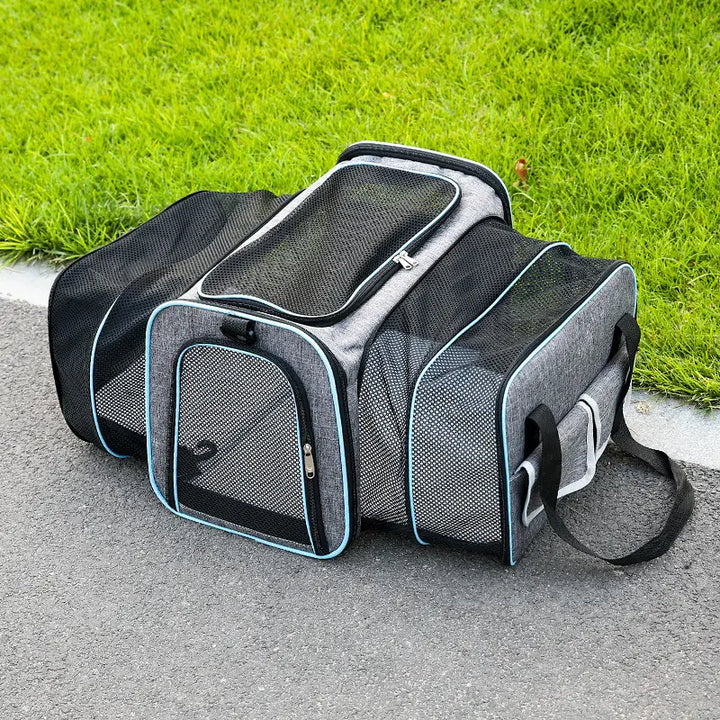 Expandable dog carrier for car travel, foldable design, with soft inner lining & secure zippers, brown