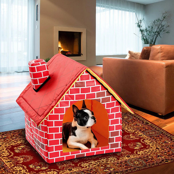 Portable dog house featuring a unique brick pattern and foldable design for easy storage and pet travel.
