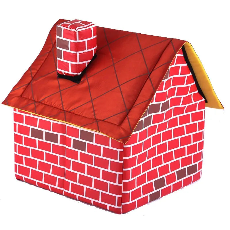 Small to medium dog house, foldable with an attractive red brick design, ideal as a portable pet shelter.