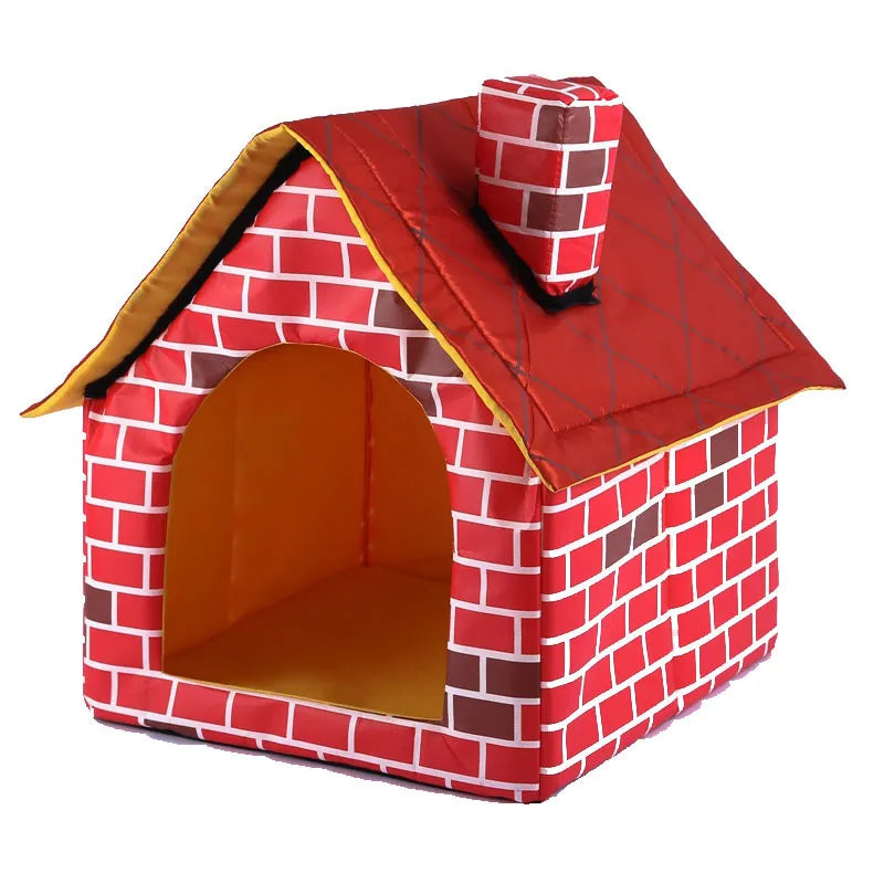 Cozy pet essential: A foldable dog house for indoor/outdoor use, featuring a charming and realistic brick design.
