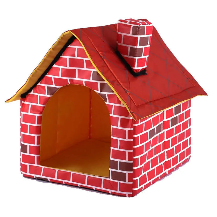 Cozy pet essential: A foldable dog house for indoor/outdoor use, featuring a charming and realistic brick design.