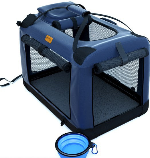 Travel crate for pets, portable and foldable, gray, perfect for car journeys with dogs or cats.