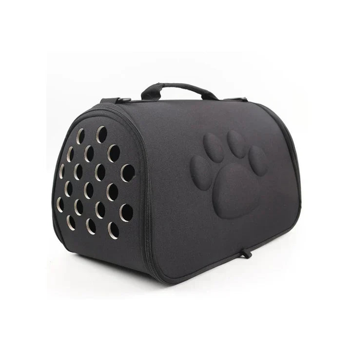 Foldable pet travel carrier bag with carrying handles, detached from car, ready for transport.