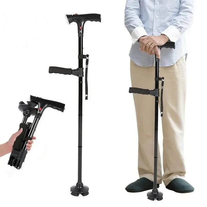 Folding cane with dual handles, LED light & personal alarm for elderly mobility & stability.