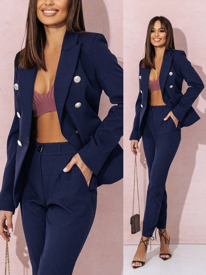 "Formelles Damen-Blazers Set in Grau, figurbetonter Blazer mit Knöpfen, passende Hose für Büro- und Event-Looks"