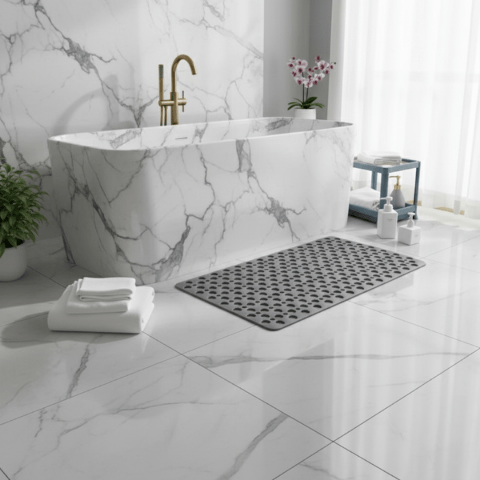 Rectangular non-skid shower mat for modern bathroom safety. Easy-clean hygienic PVC bath mat.