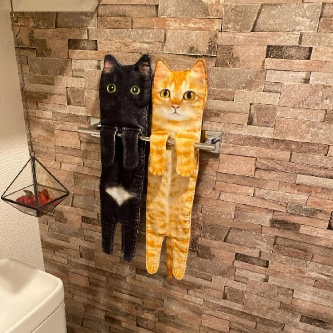 Charming cat print hand towel, super soft & absorbent, ideal for pet lovers' bathroom decor.