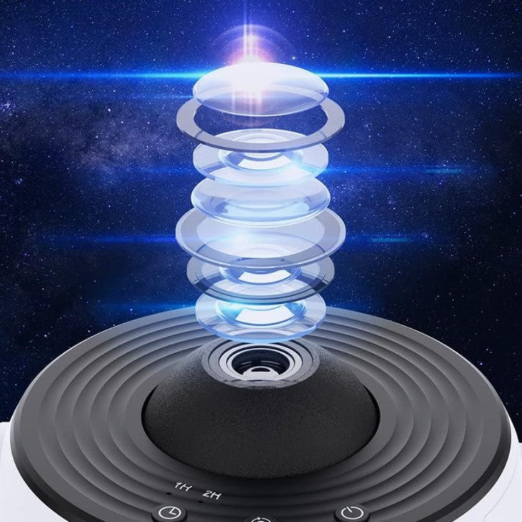 "GalaxySky Projektor mit HD Sternenhimmel, beleuchteter Raum mit leuchtenden Galaxiemustern, ideal für Entspannung zu Hause."