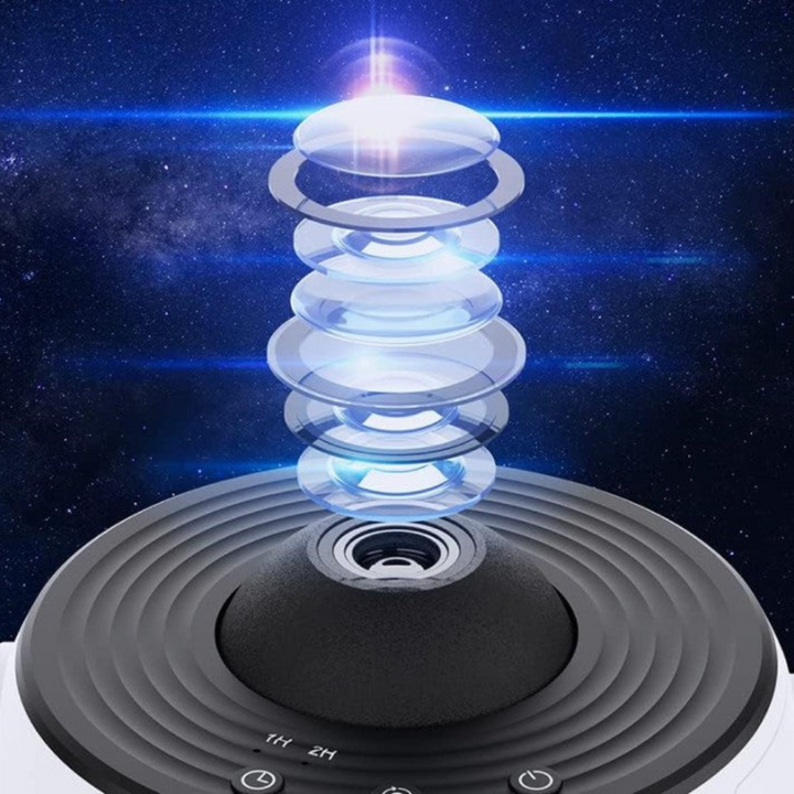 "GalaxySky Projektor mit HD Sternenhimmel, beleuchteter Raum mit leuchtenden Galaxiemustern, ideal für Entspannung zu Hause."