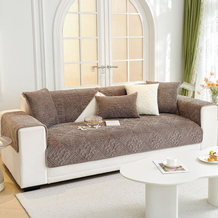 Full view of 'New4' non-slip sectional sofa cover in geometric leaves pattern, easy to clean, pet-friendly