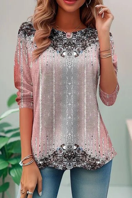 Sparkle in this women's loose fit sequin top. Amelia style, comfortable three-quarter sleeve evening wear.