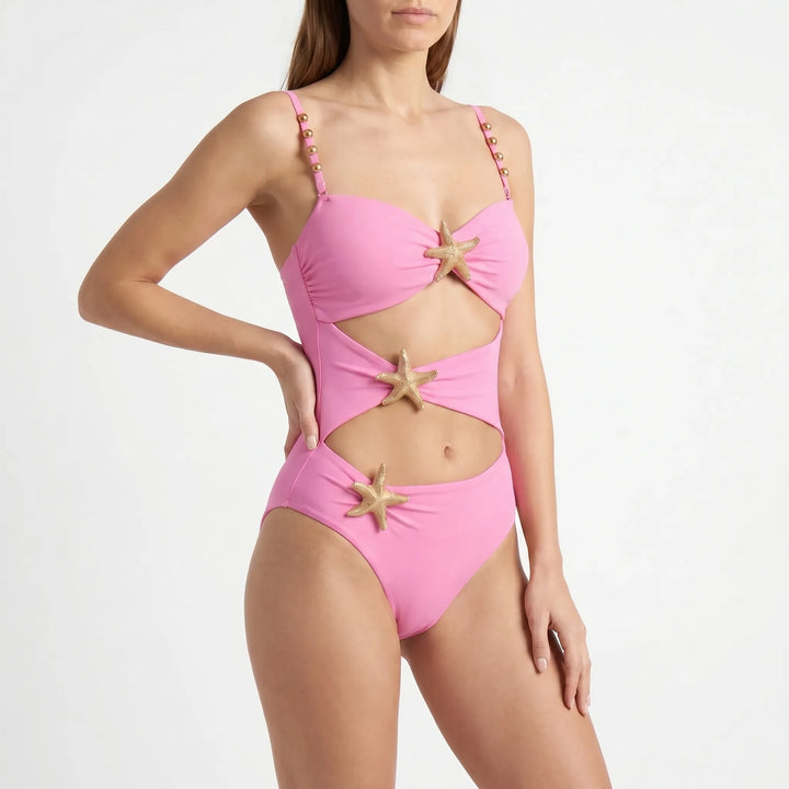 Embellished detail on the glamorous women's high-waisted cutout one-piece swimsuit.