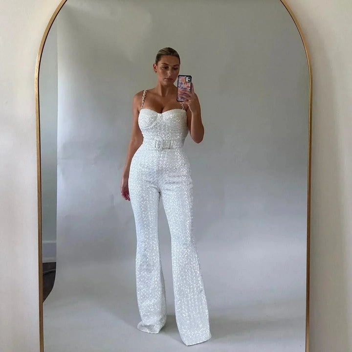 Stunning women's strapless sequin jumpsuit with a wide flared leg, ideal for making a statement.