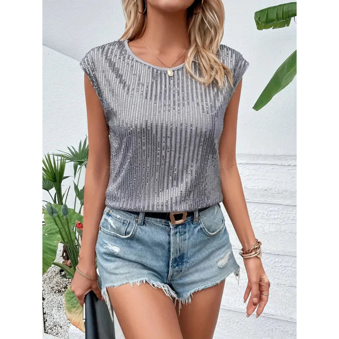 Glänzendes, kurzärmliges Damen Paillettentop, das das Licht reflektiert und vielseitig mit Jeans oder Röcken kombinierbar ist