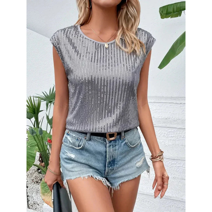 Glänzendes, kurzärmliges Damen Paillettentop, das das Licht reflektiert und vielseitig mit Jeans oder Röcken kombinierbar ist
