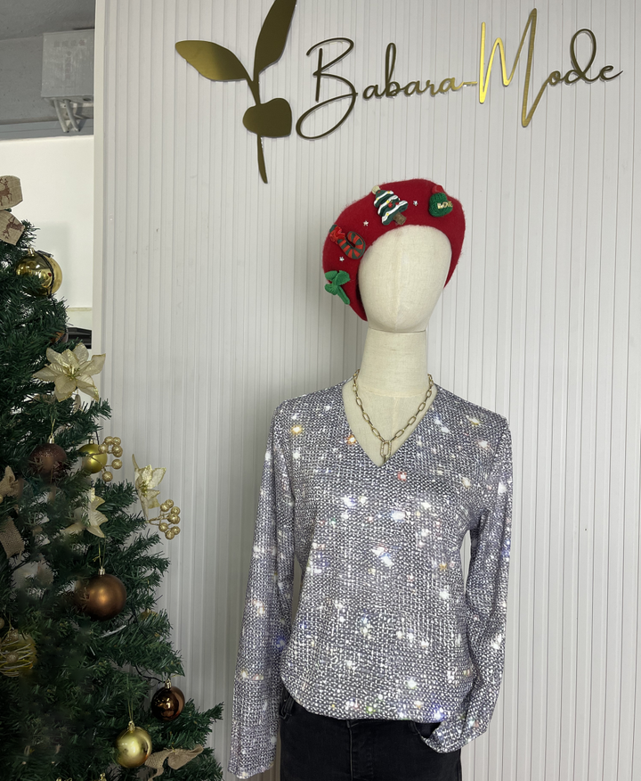 "Glitzernde Damen Langarmbluse mit funkelndem Design, elegant und stilvoll für glamouröse Anlässe, in klassischem Schnitt."