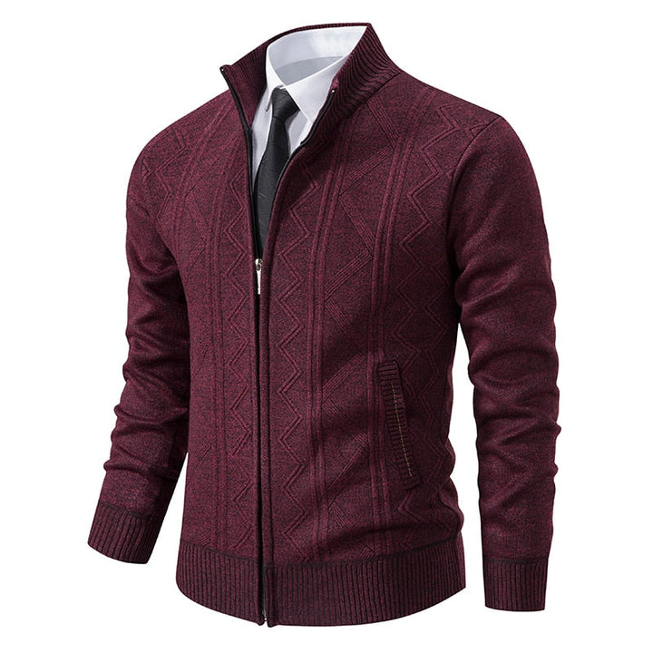 Graue Herren-Strickjacke, elegant und warm, ideal für kalte Tage, passt zu formellen und lässigen Outfits.