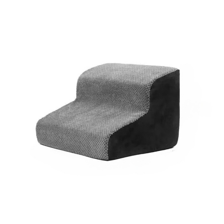 Gray non-slip memory foam pet steps for bed, aiding senior dogs.