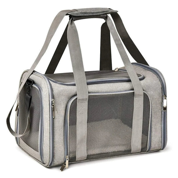 Gray soft-sided pet travel carrier backpack, airline approved for small dogs or cats