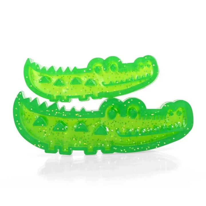Green crocodile dog slow feeder chew toy for dental health, interactive play