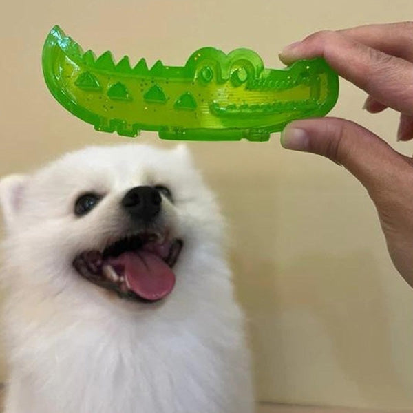 Durable dog crocodile chew toy, an interactive slow feeder for pet dental care.