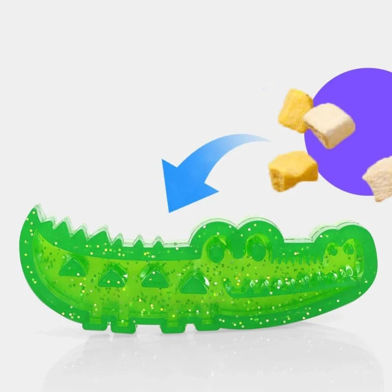 Interactive pet supplies: a green crocodile slow feeder chew toy for active dogs.