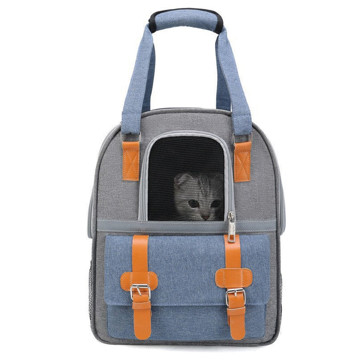 Set of different colored cat pet carrier bags (grey, black, blue) suitable for car travel