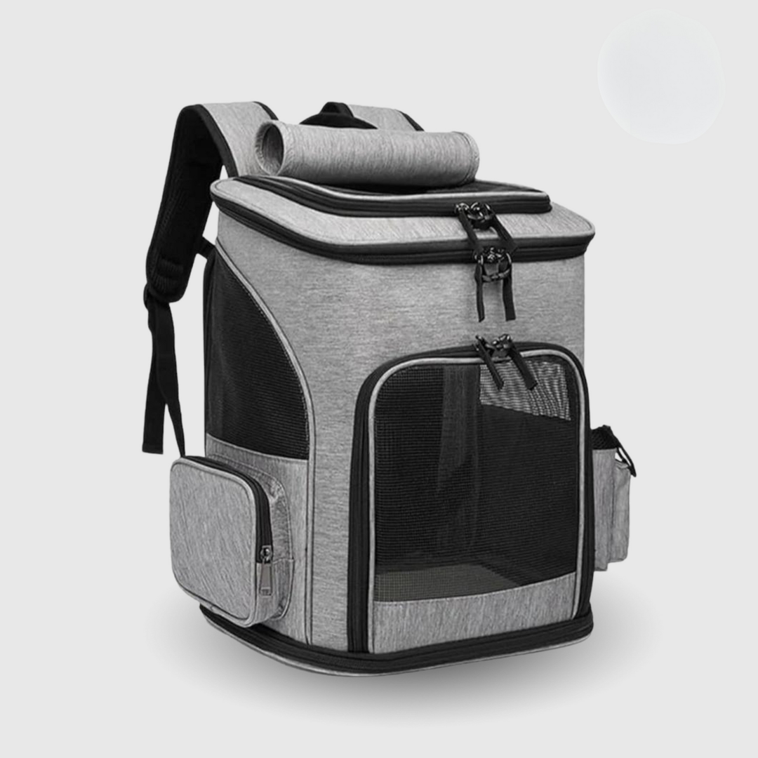 Grey pet travel backpack carrier with large viewing window for cat or small dog, outdoor pet gear.