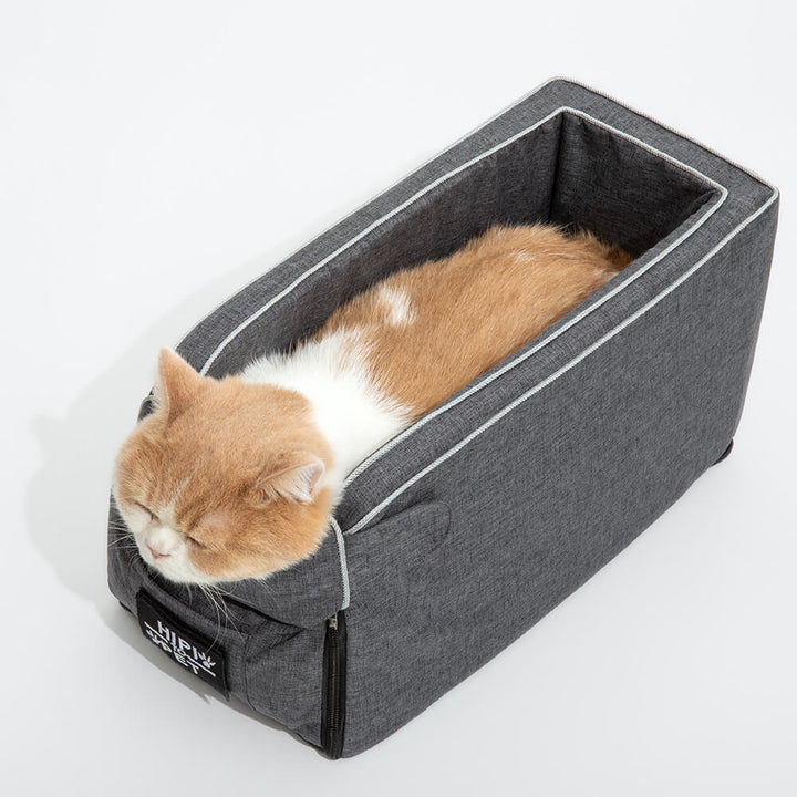 Top-down view of the spacious grey suede dog car seat interior for small pets.
